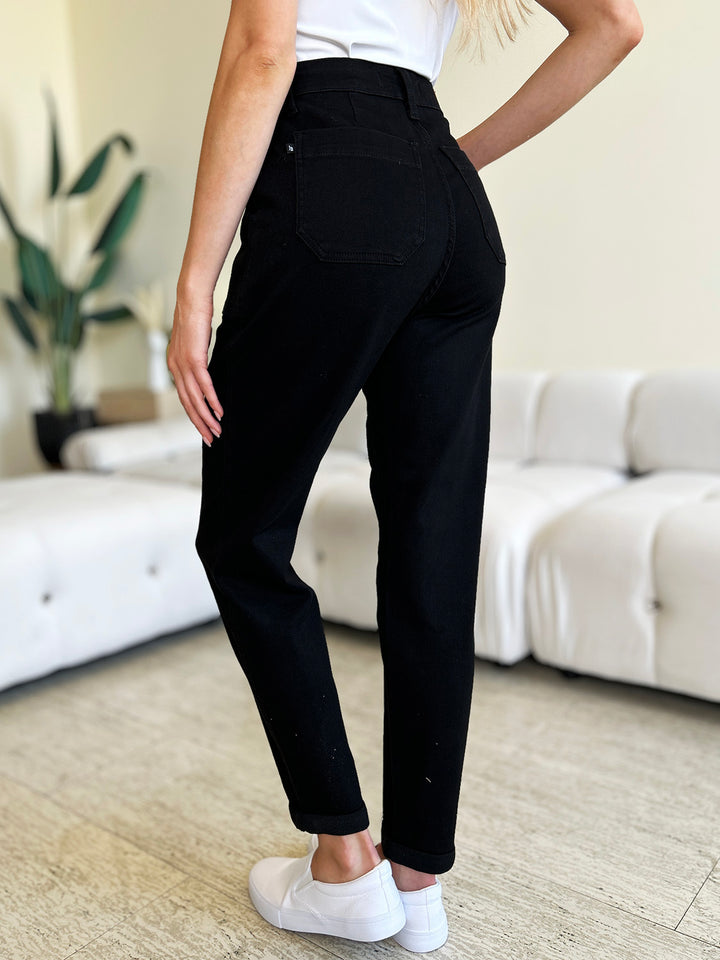 High Waist Double Roll Cuff Pants In Black