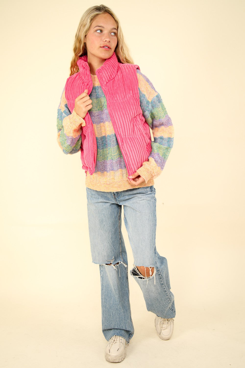 Zip Up Corduroy Puffer Vest in Pink