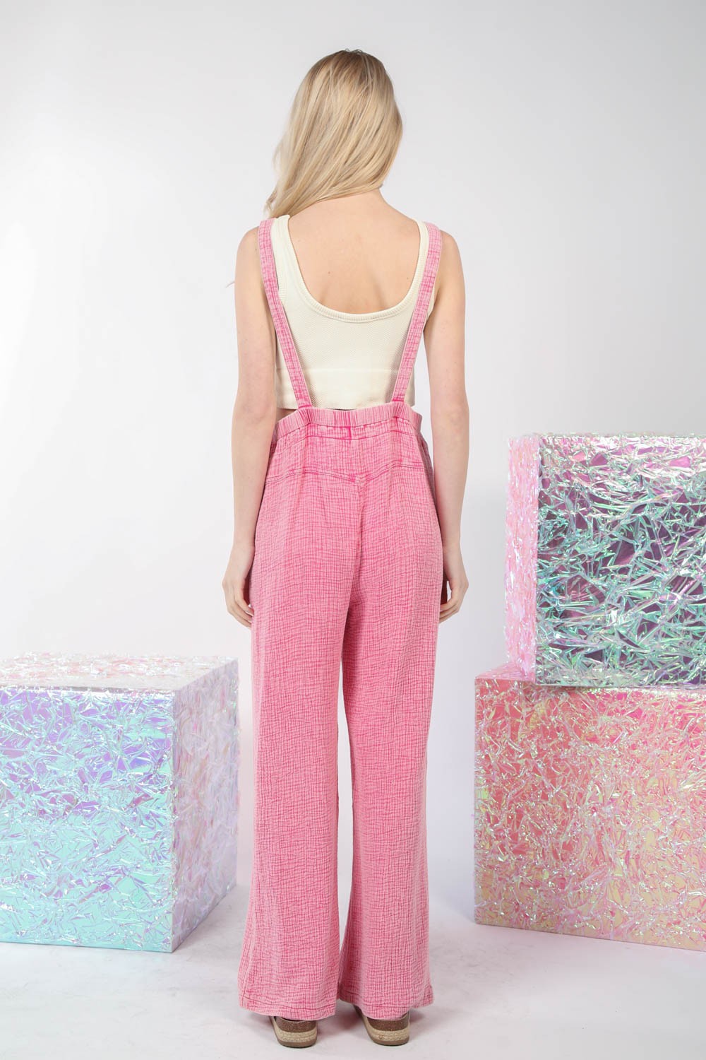 Washed Wide Leg Overalls In Hot Pink