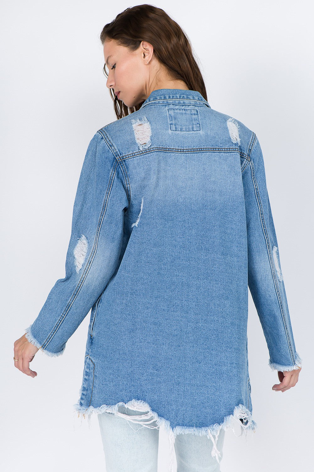 Distressed Frayed Hem Denim Jacket In Blue