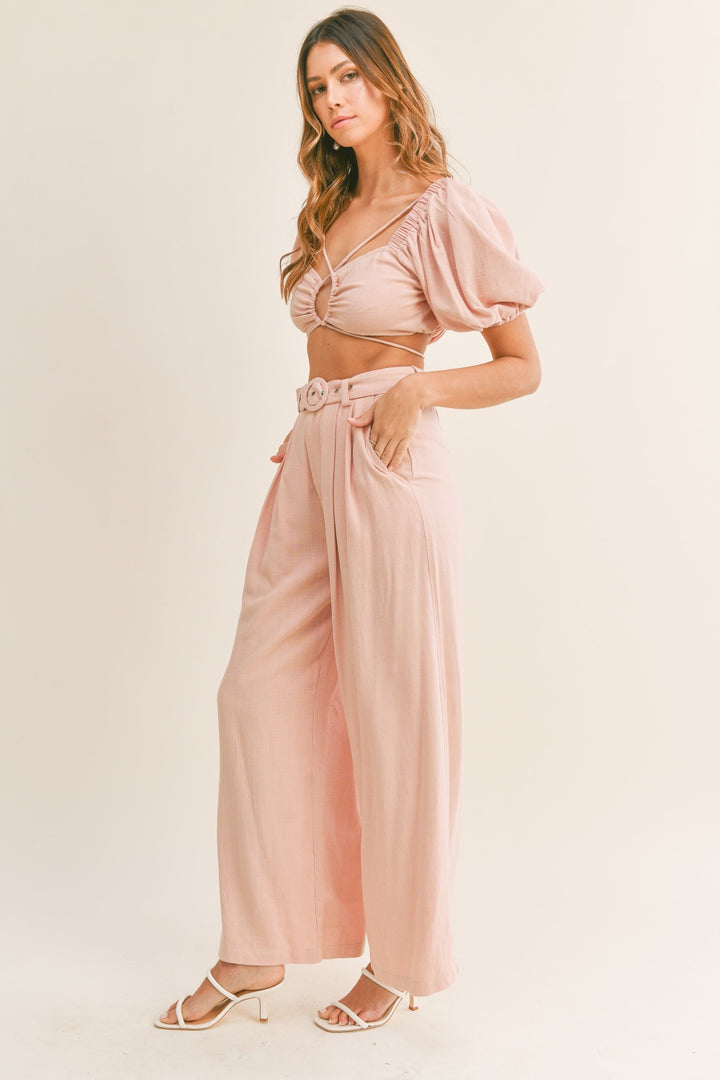 Drawstring Crop Top and Belted Pants Set in Dusty Pink