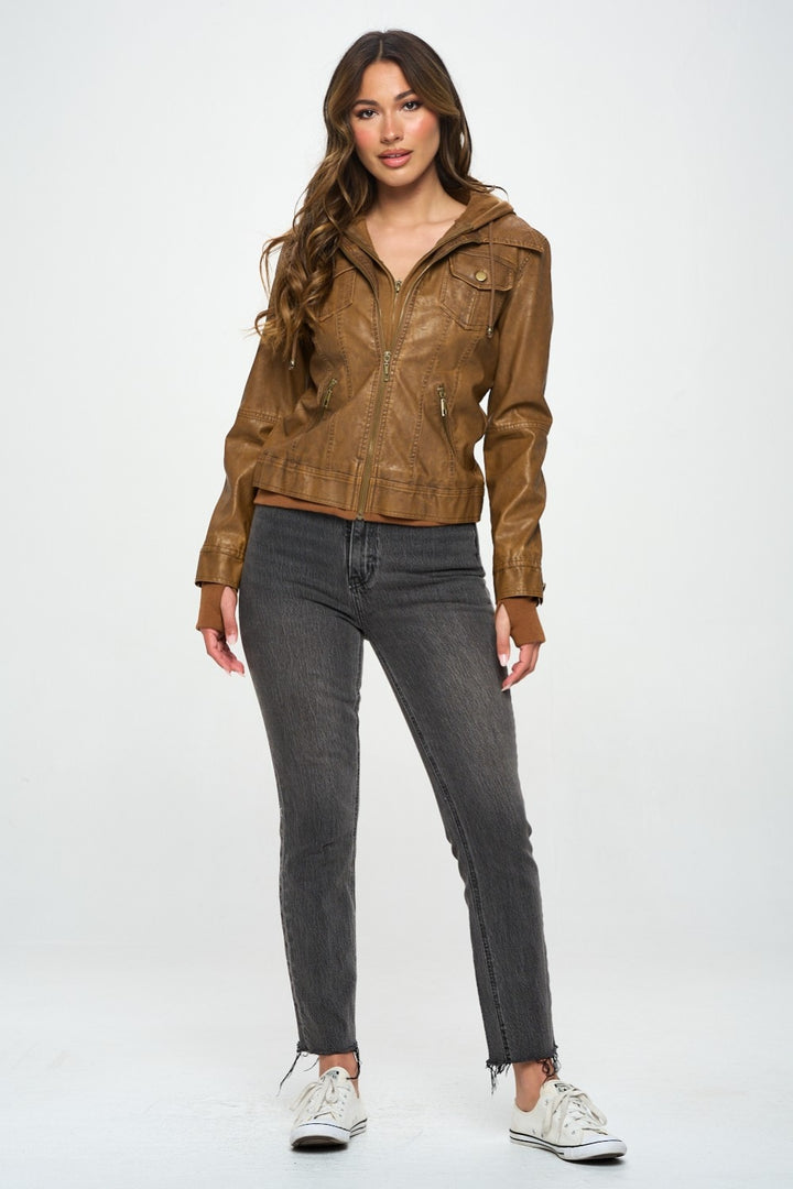 Vegan Leather Hooded Jacket in Camel