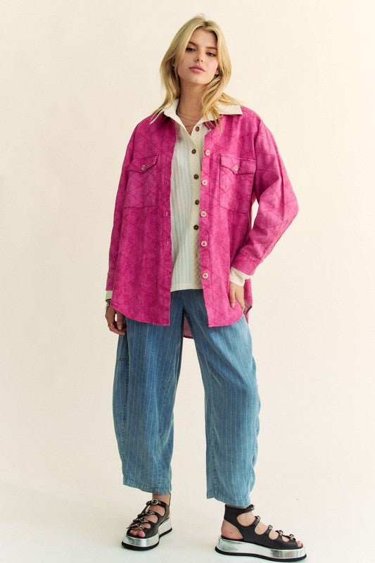 Curved Hem Diamond Quilted Denim Shacket In Hot Pink