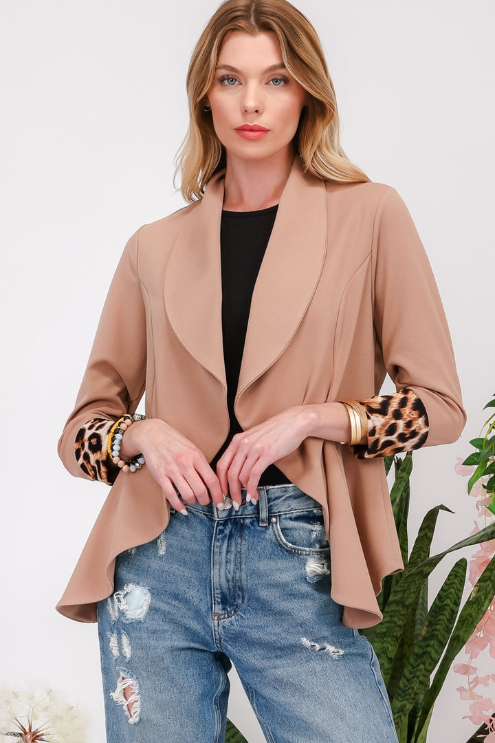 Leopard Cuff Open Front Blazer In Mocha