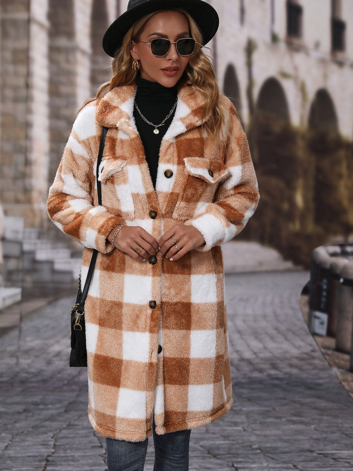 Plaid Collared Button Down Coat in Chestnut