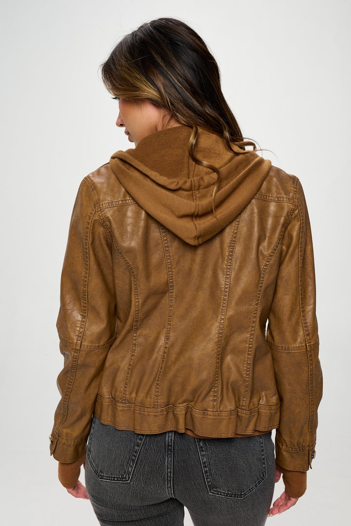 Vegan Leather Hooded Jacket in Camel