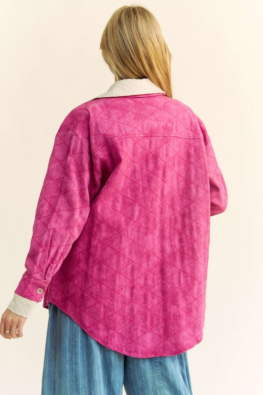 Curved Hem Diamond Quilted Denim Shacket In Hot Pink