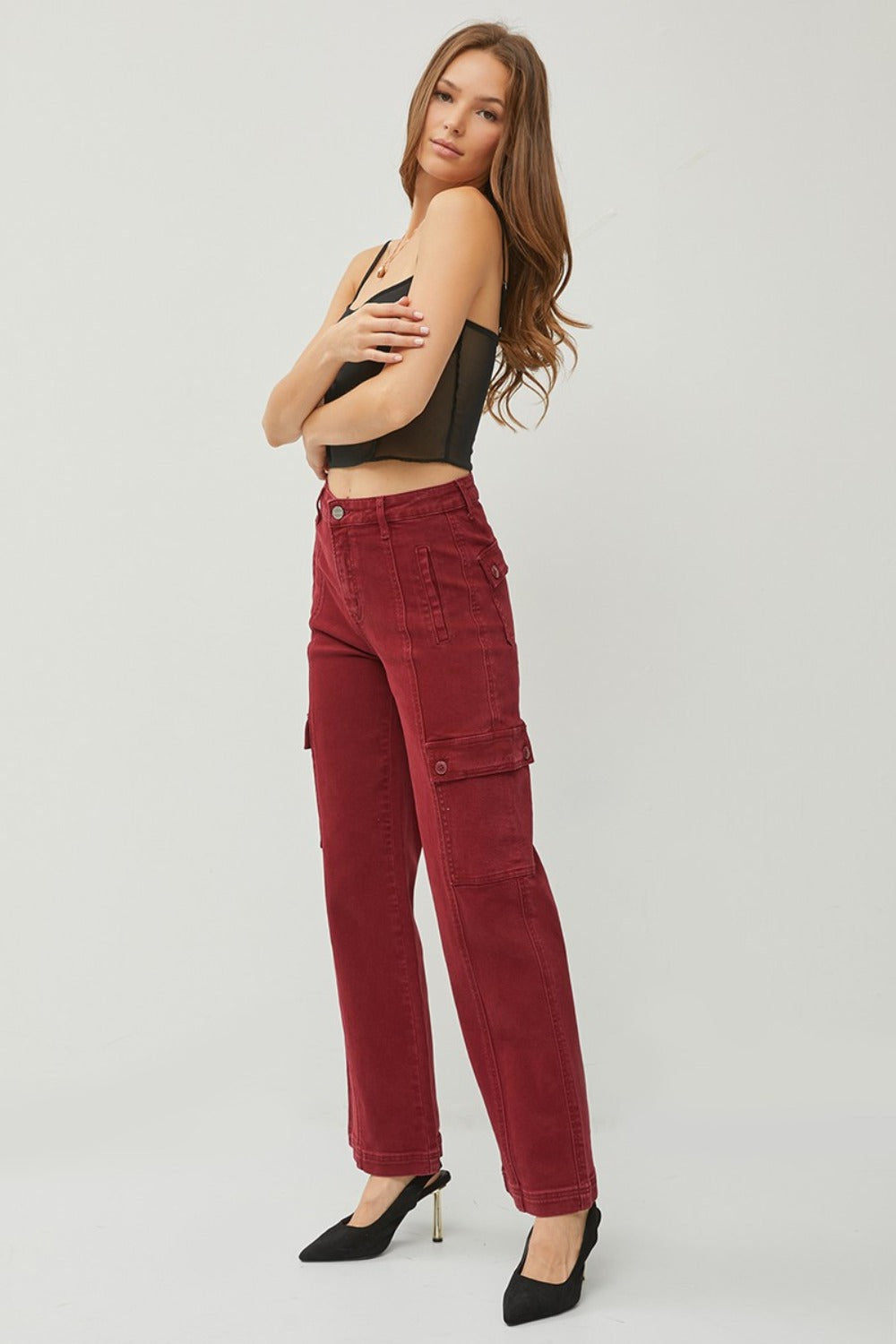 High Rise Wide Leg Cargo Jeans In Wine Red