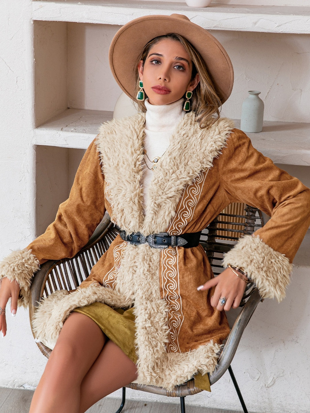 Fuzzy Open Long Outerwear in Caramel