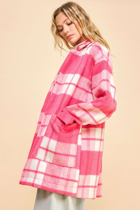 Plaid Open Front Longline Coat In Hot Pink