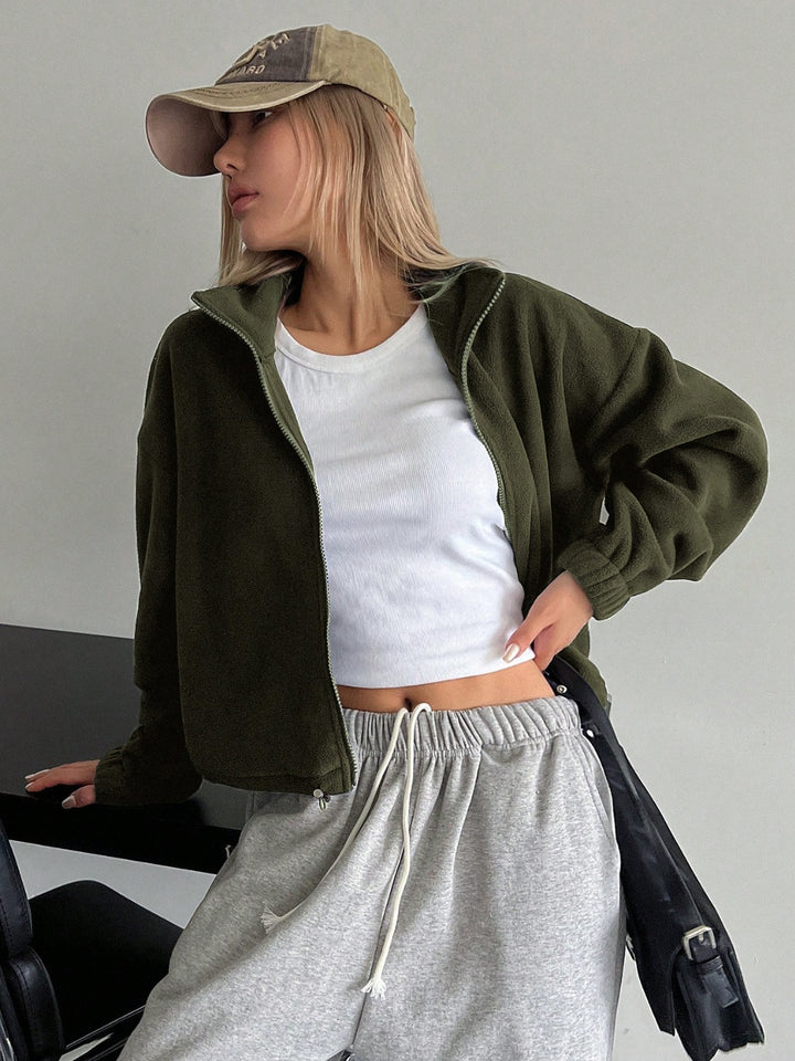 Zip Up Cropped Jacket in Army Green