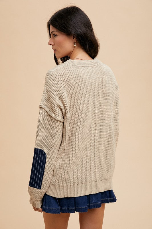 Contrast Sweater with Patch Pocket in Khaki