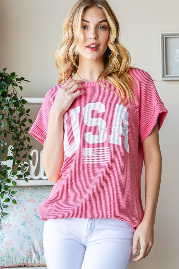 USA Short Sleeve Ribbed Top in Coral