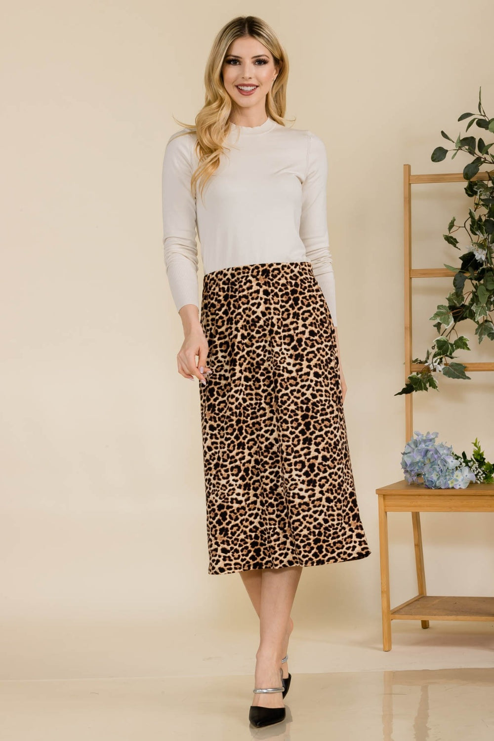 Full Size Leopard A-Line Midi Skirt