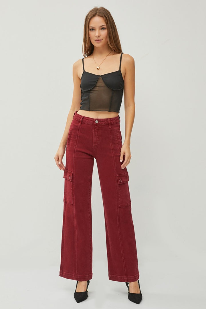 High Rise Wide Leg Cargo Jeans In Wine Red