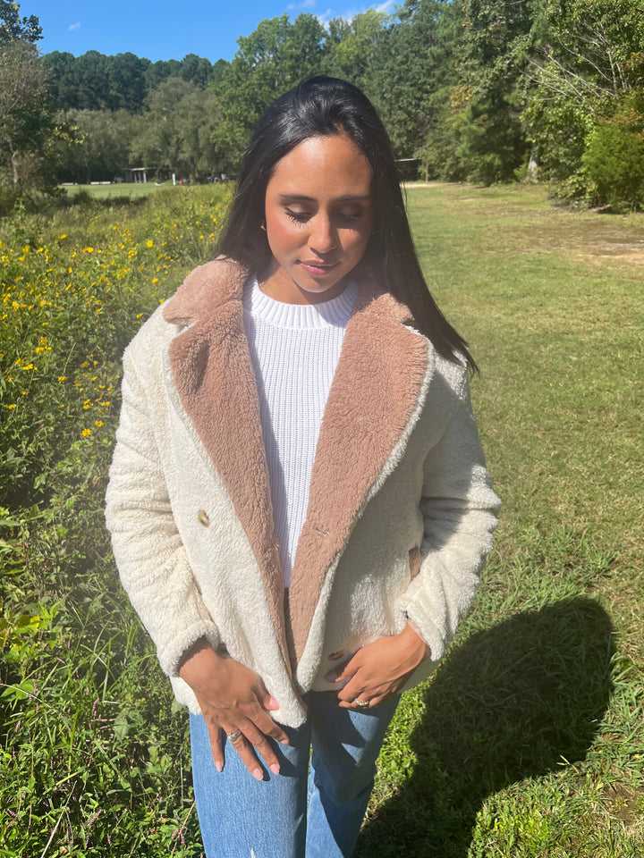 Fuzzy Button Up Coat in Tan