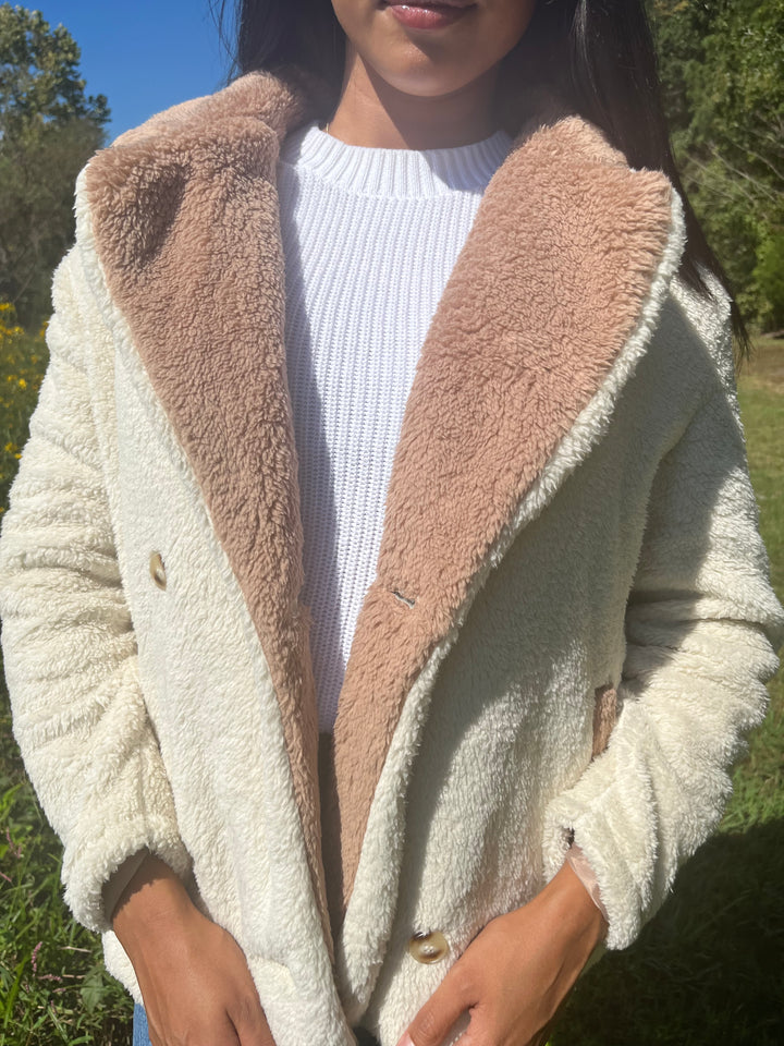 Fuzzy Button Up Coat in Tan