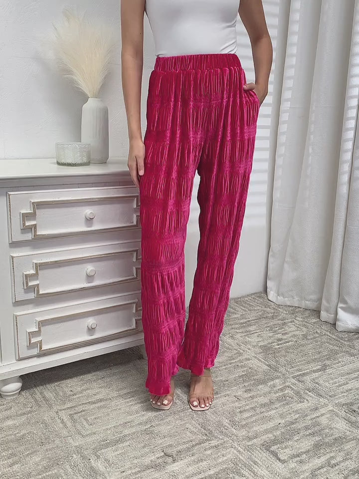 High Waist Velvet Wide Leg Pants In Hot Pink