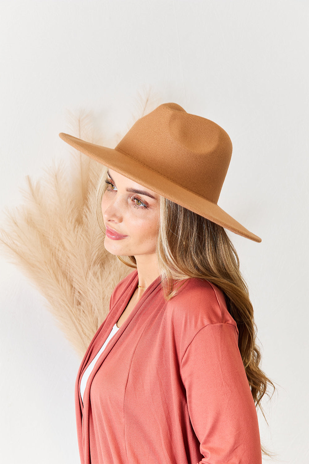 Flat Brim Fedora Hat in Tan