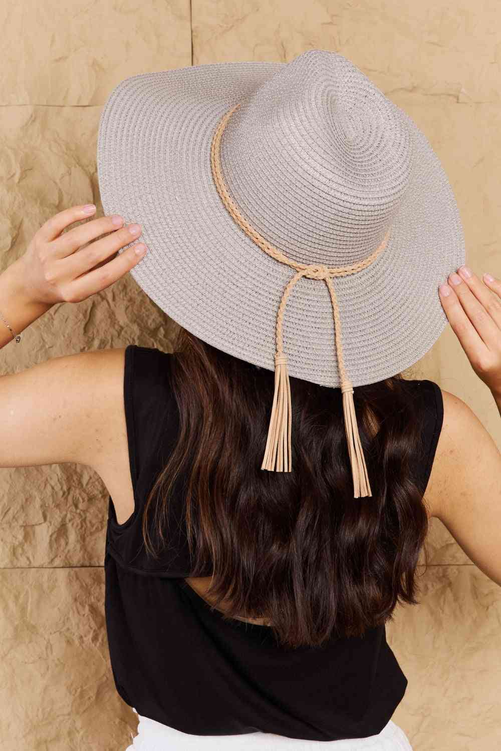 Keep Me Close Straw Braided Rope Strap Fedora Hat in Light Grey