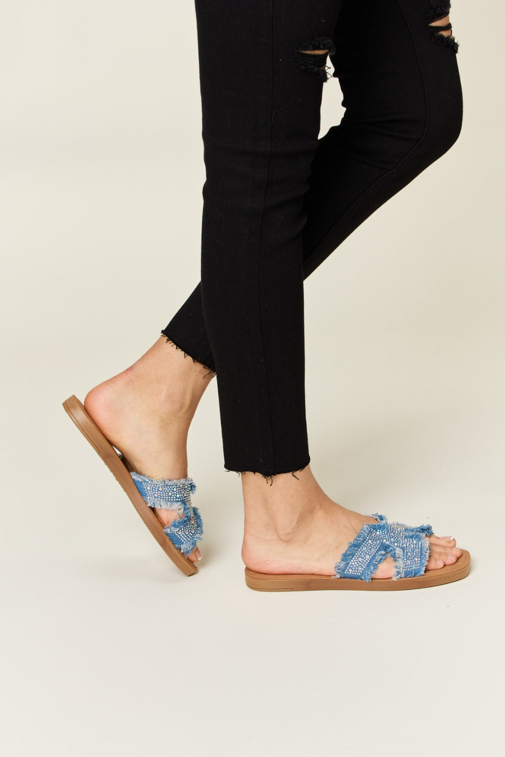 Flat Sandals in Blue Denim