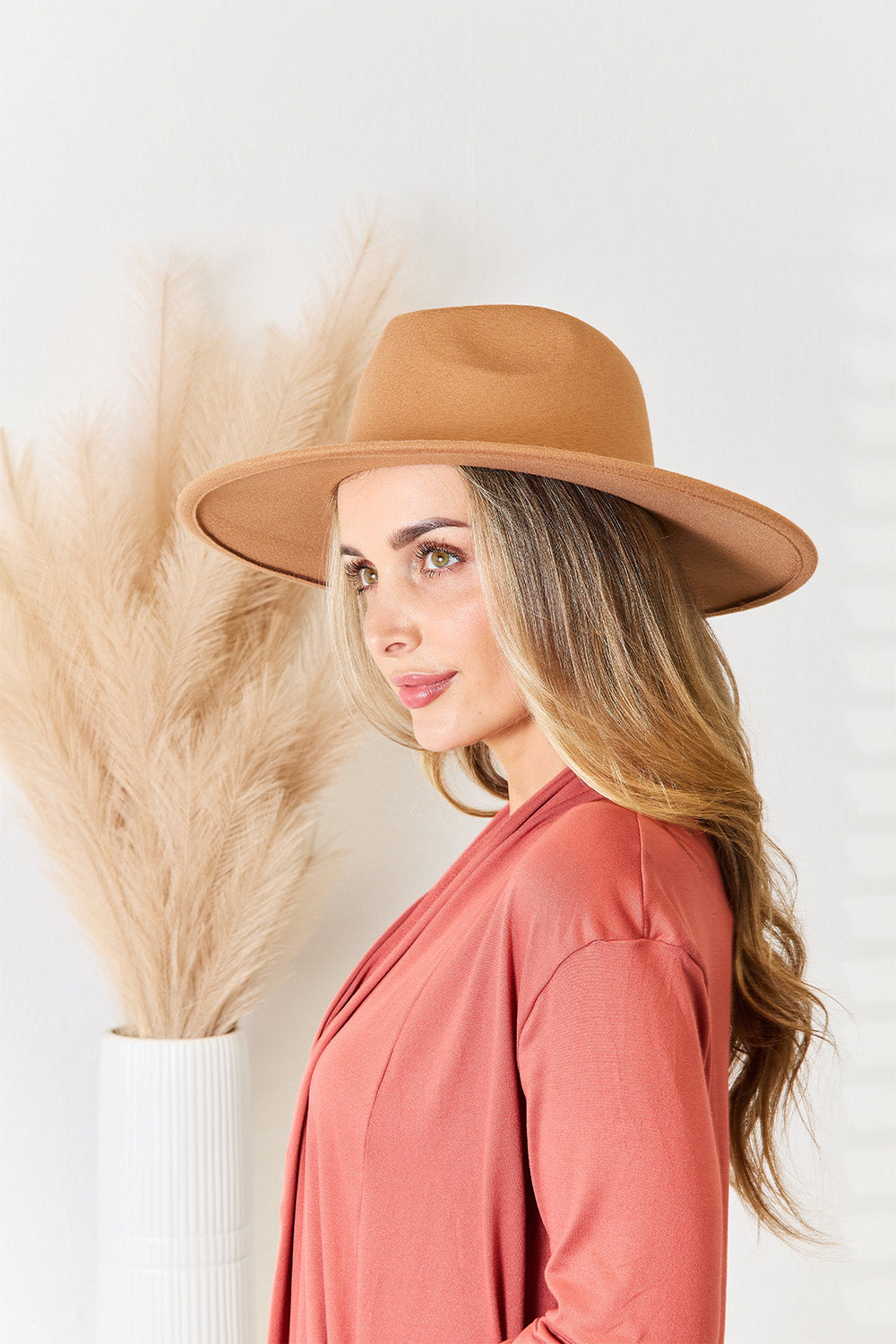 Flat Brim Fedora Hat in Tan