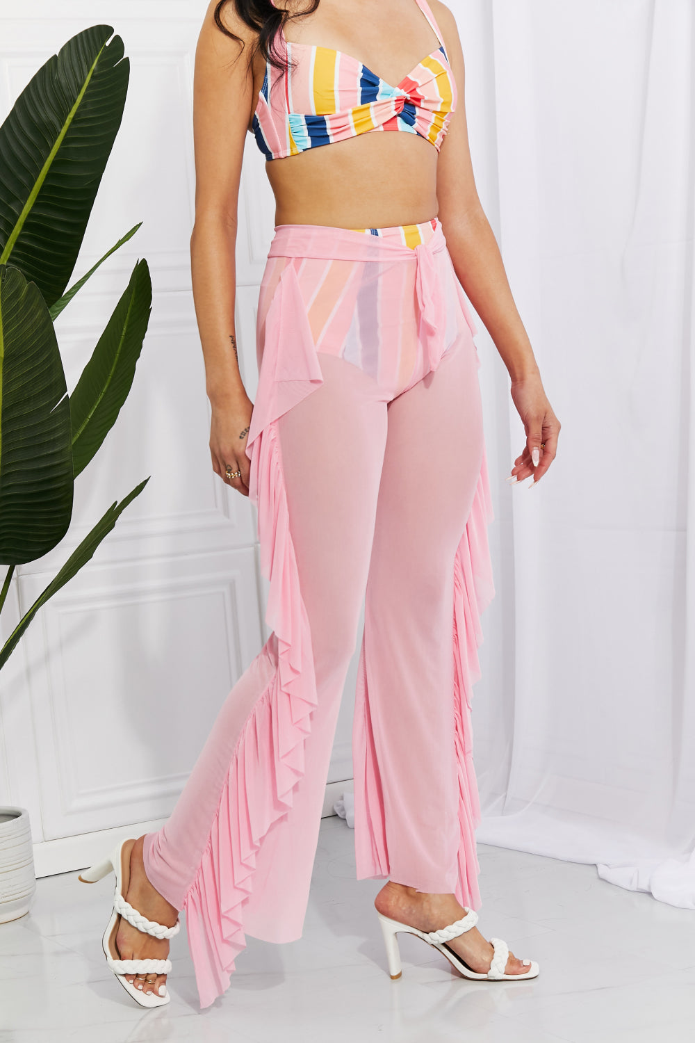 Take Me To The Beach Mesh Ruffle Cover-Up Pants in Blush Pink