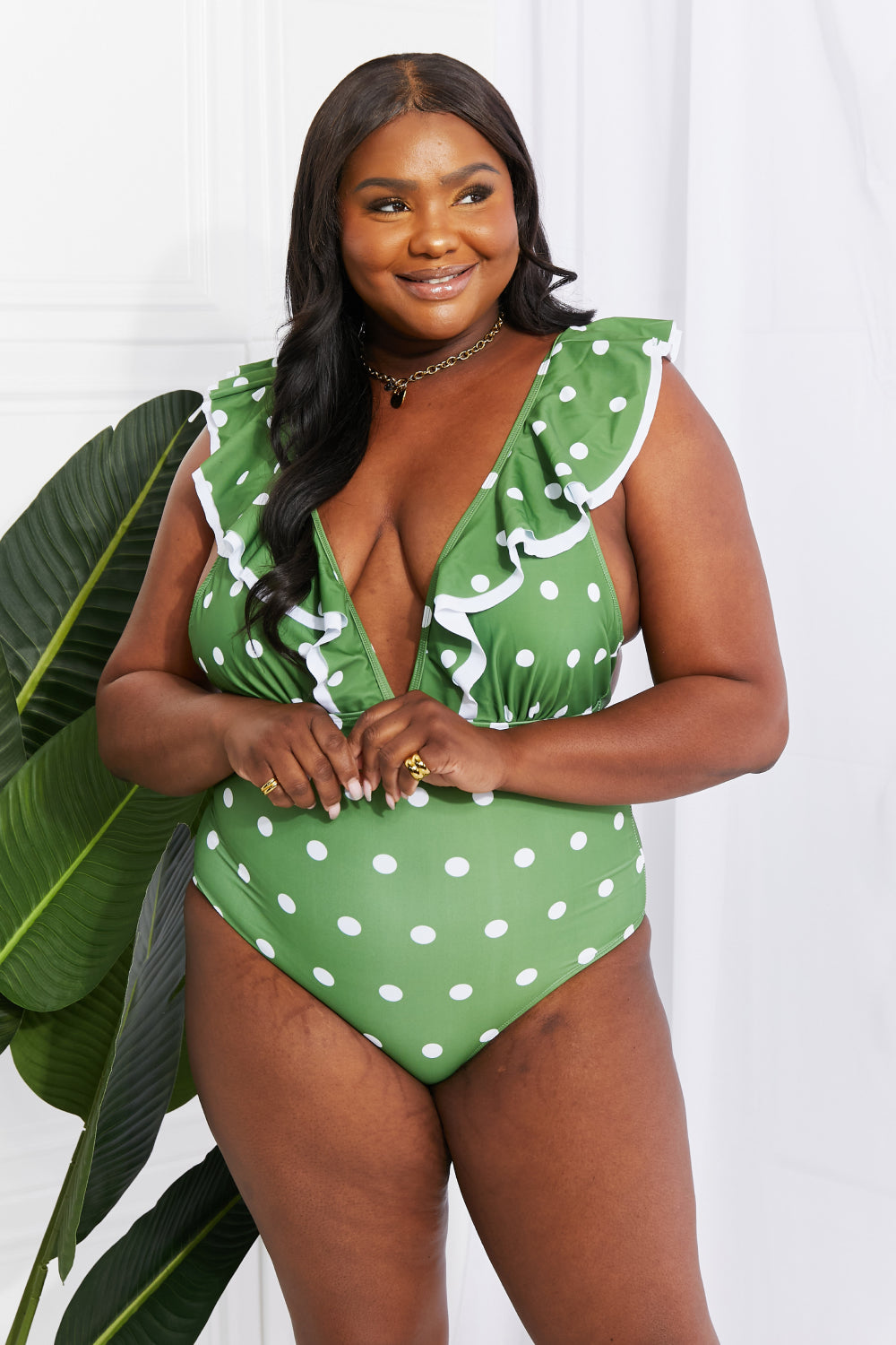 Ruffle Plunge Swimsuit in Mid Green