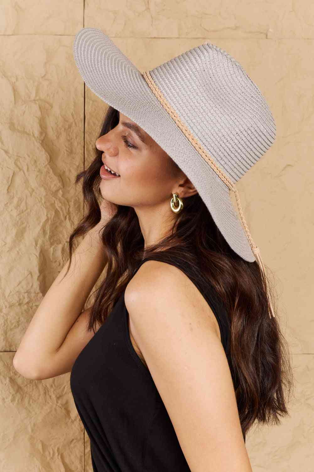 Keep Me Close Straw Braided Rope Strap Fedora Hat in Light Grey